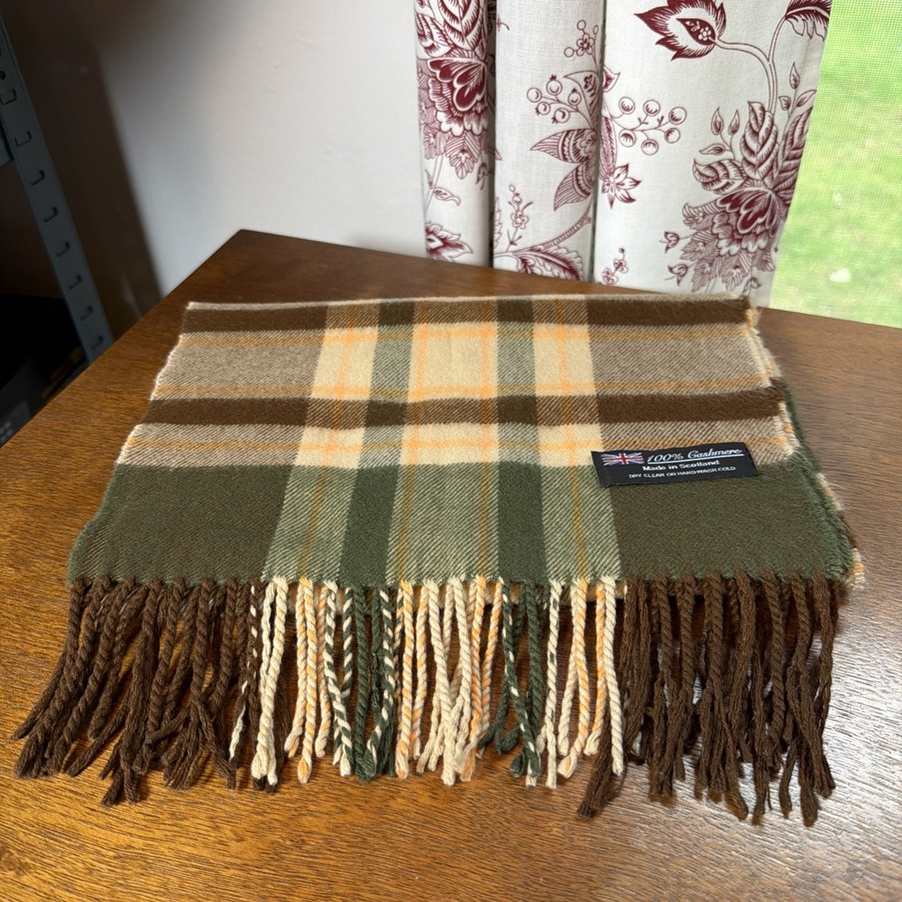 100% Cashmere Scarf Made In Scotland Plaid Fringe Olive Green Brown Tan Unisex